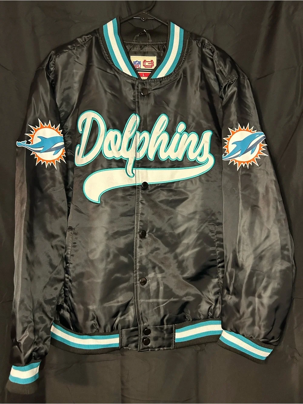 NFL Miami Dolphins Black Satin Jacket with Teal & White Script